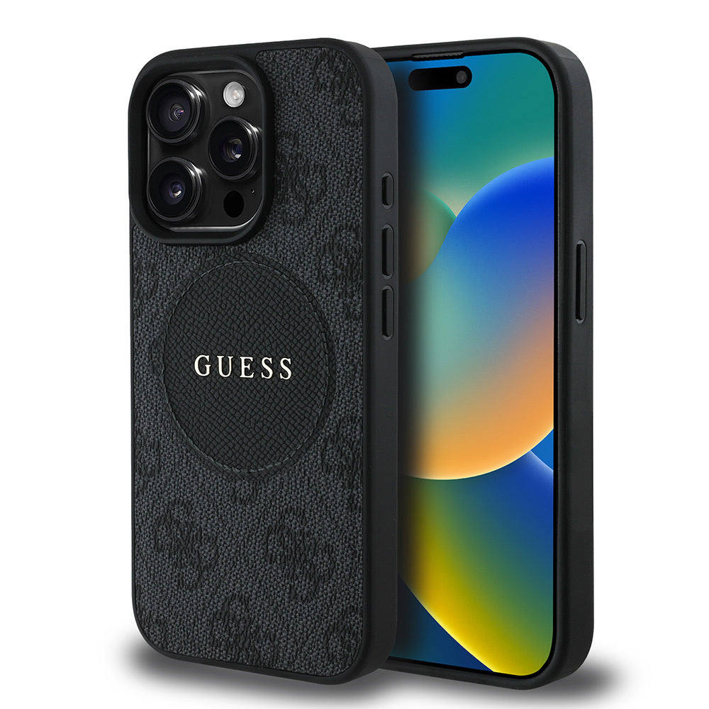 Apple iPhone 15 Pro Max Kılıf Guess Orjinal Lisanslı M-safe Şarj Özellikli Yazı Logolu Circle Classic Kapak Kahverengi