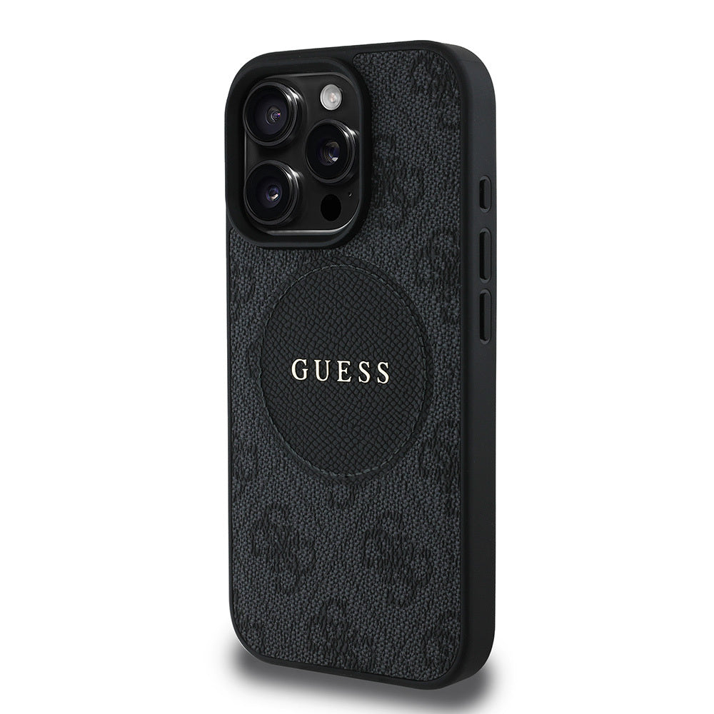 Apple iPhone 15 Pro Max Kılıf Guess Orjinal Lisanslı M-safe Şarj Özellikli Yazı Logolu Circle Classic Kapak Kahverengi