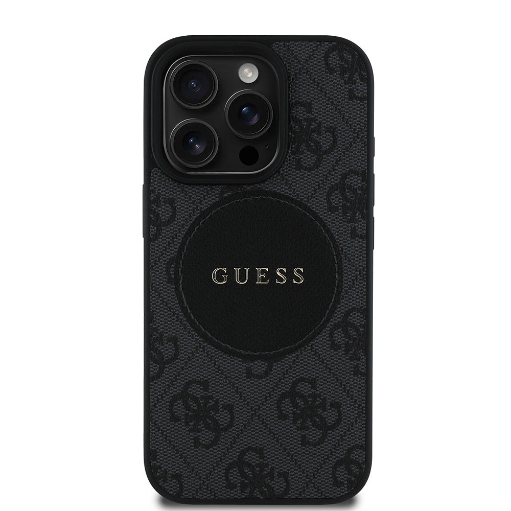 Apple iPhone 15 Pro Max Kılıf Guess Orjinal Lisanslı M-safe Şarj Özellikli Yazı Logolu Circle Classic Kapak Kahverengi