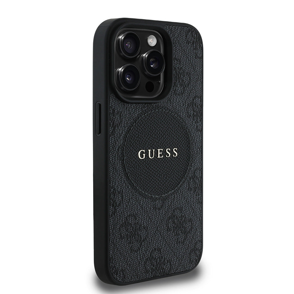 Apple iPhone 15 Pro Max Kılıf Guess Orjinal Lisanslı M-safe Şarj Özellikli Yazı Logolu Circle Classic Kapak Kahverengi