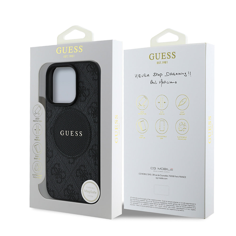 Apple iPhone 15 Pro Max Kılıf Guess Orjinal Lisanslı M-safe Şarj Özellikli Yazı Logolu Circle Classic Kapak Kahverengi