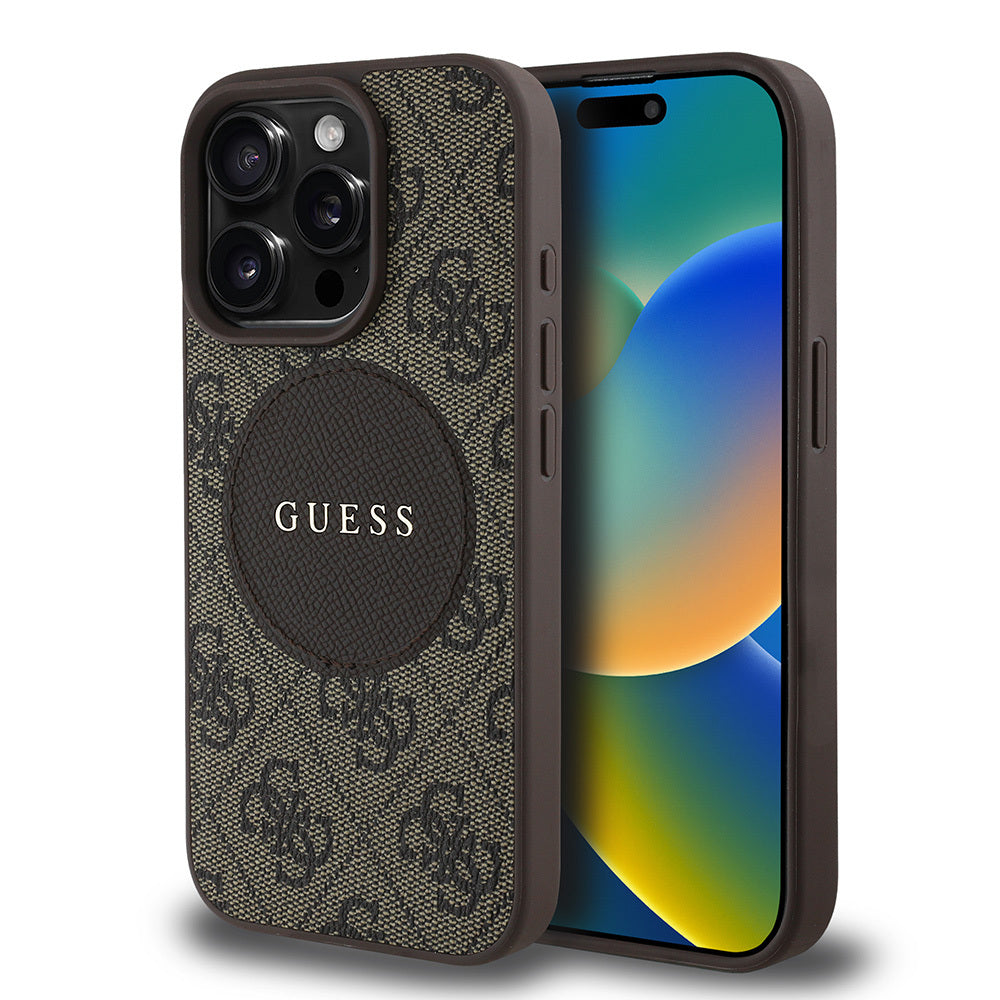 Apple iPhone 15 Pro Max Kılıf Guess Orjinal Lisanslı M-safe Şarj Özellikli Yazı Logolu Circle Classic Kapak Kahverengi