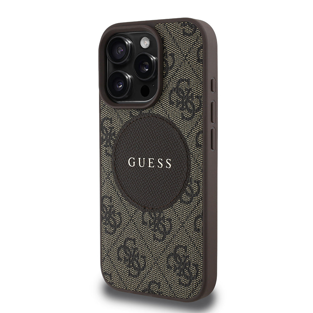 Apple iPhone 15 Pro Max Kılıf Guess Orjinal Lisanslı M-safe Şarj Özellikli Yazı Logolu Circle Classic Kapak Kahverengi
