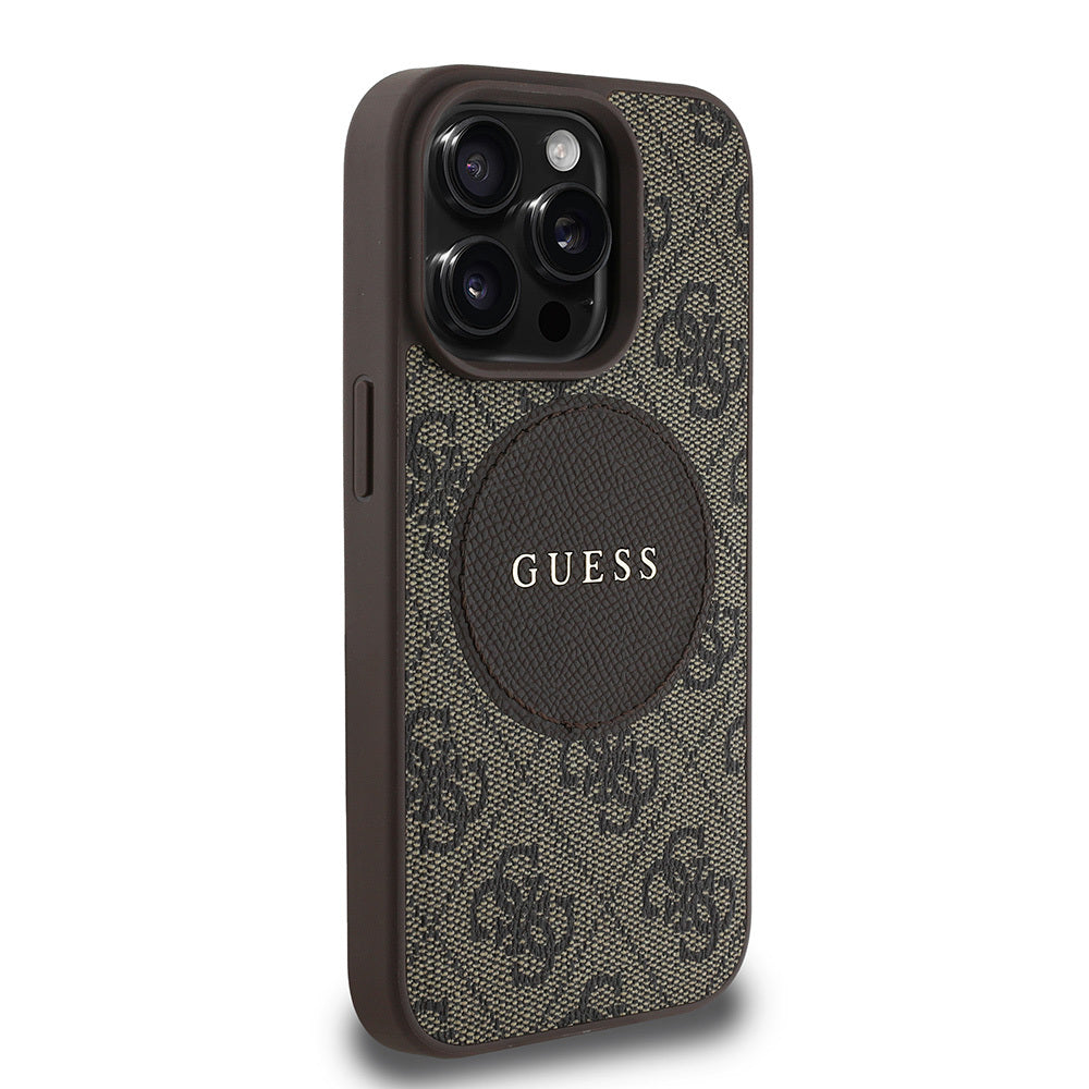 Apple iPhone 15 Pro Max Kılıf Guess Orjinal Lisanslı M-safe Şarj Özellikli Yazı Logolu Circle Classic Kapak Kahverengi