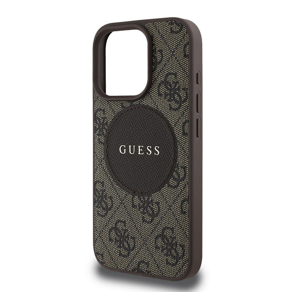 Apple iPhone 15 Pro Max Kılıf Guess Orjinal Lisanslı M-safe Şarj Özellikli Yazı Logolu Circle Classic Kapak Kahverengi