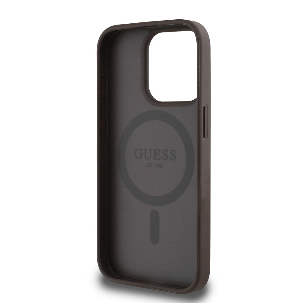 Apple iPhone 15 Pro Max Kılıf Guess Orjinal Lisanslı M-safe Şarj Özellikli Yazı Logolu Circle Classic Kapak Kahverengi