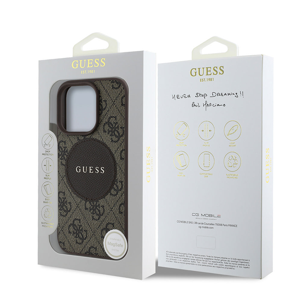 Apple iPhone 15 Pro Max Kılıf Guess Orjinal Lisanslı M-safe Şarj Özellikli Yazı Logolu Circle Classic Kapak Kahverengi