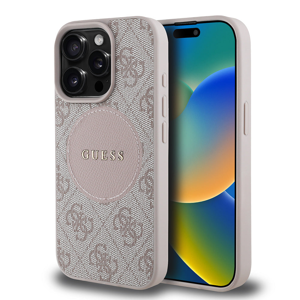 Apple iPhone 15 Pro Max Kılıf Guess Orjinal Lisanslı M-safe Şarj Özellikli Yazı Logolu Circle Classic Kapak Kahverengi