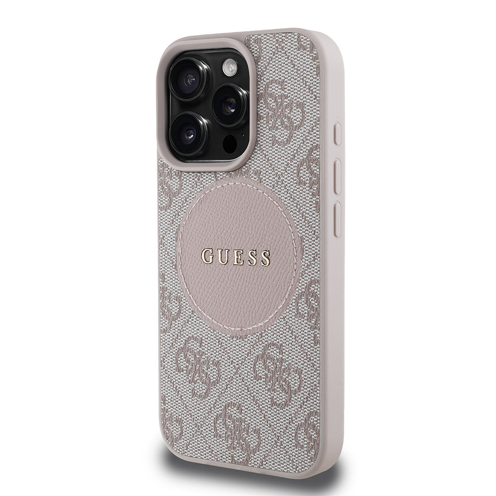 Apple iPhone 15 Pro Max Kılıf Guess Orjinal Lisanslı M-safe Şarj Özellikli Yazı Logolu Circle Classic Kapak Kahverengi