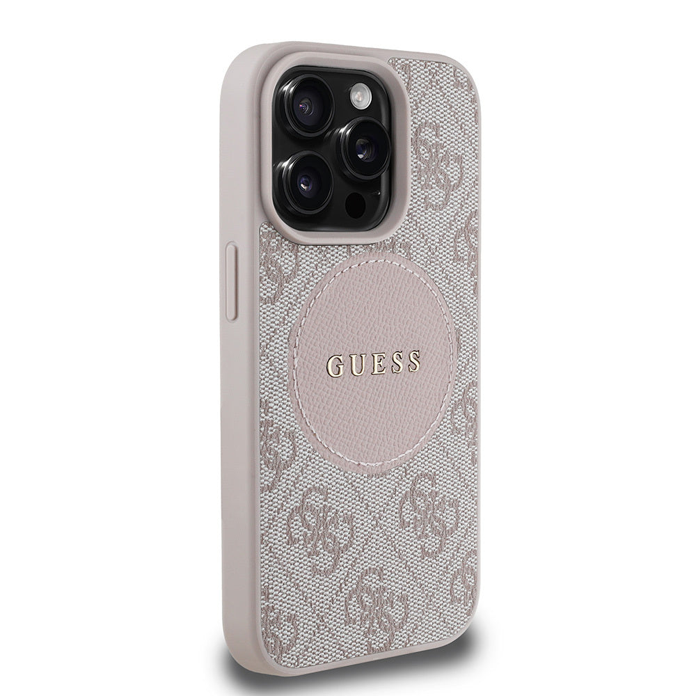 Apple iPhone 15 Pro Max Kılıf Guess Orjinal Lisanslı M-safe Şarj Özellikli Yazı Logolu Circle Classic Kapak Kahverengi