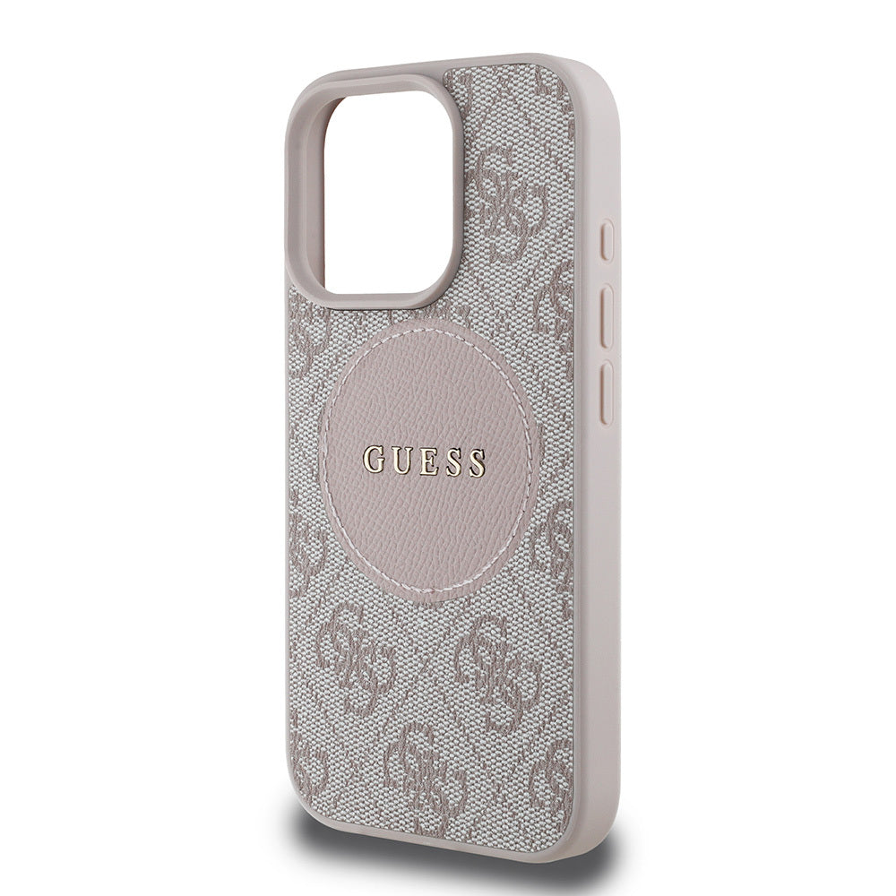 Apple iPhone 15 Pro Max Kılıf Guess Orjinal Lisanslı M-safe Şarj Özellikli Yazı Logolu Circle Classic Kapak Kahverengi