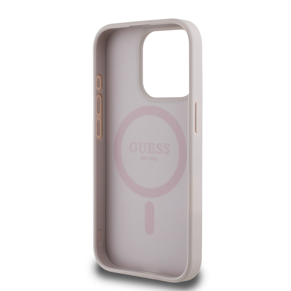 Apple iPhone 15 Pro Max Kılıf Guess Orjinal Lisanslı M-safe Şarj Özellikli Yazı Logolu Circle Classic Kapak Kahverengi