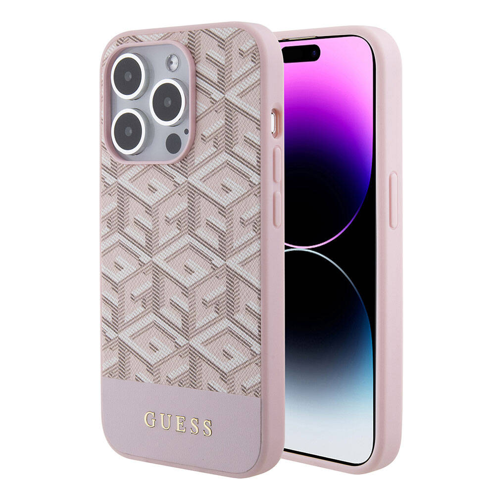 Apple iPhone 15 Pro Max Kılıf Guess Orjinal Lisanslı Magsafe Şarj Özellikli Yazı Logolu GCube Desenli Kapak Pembe
