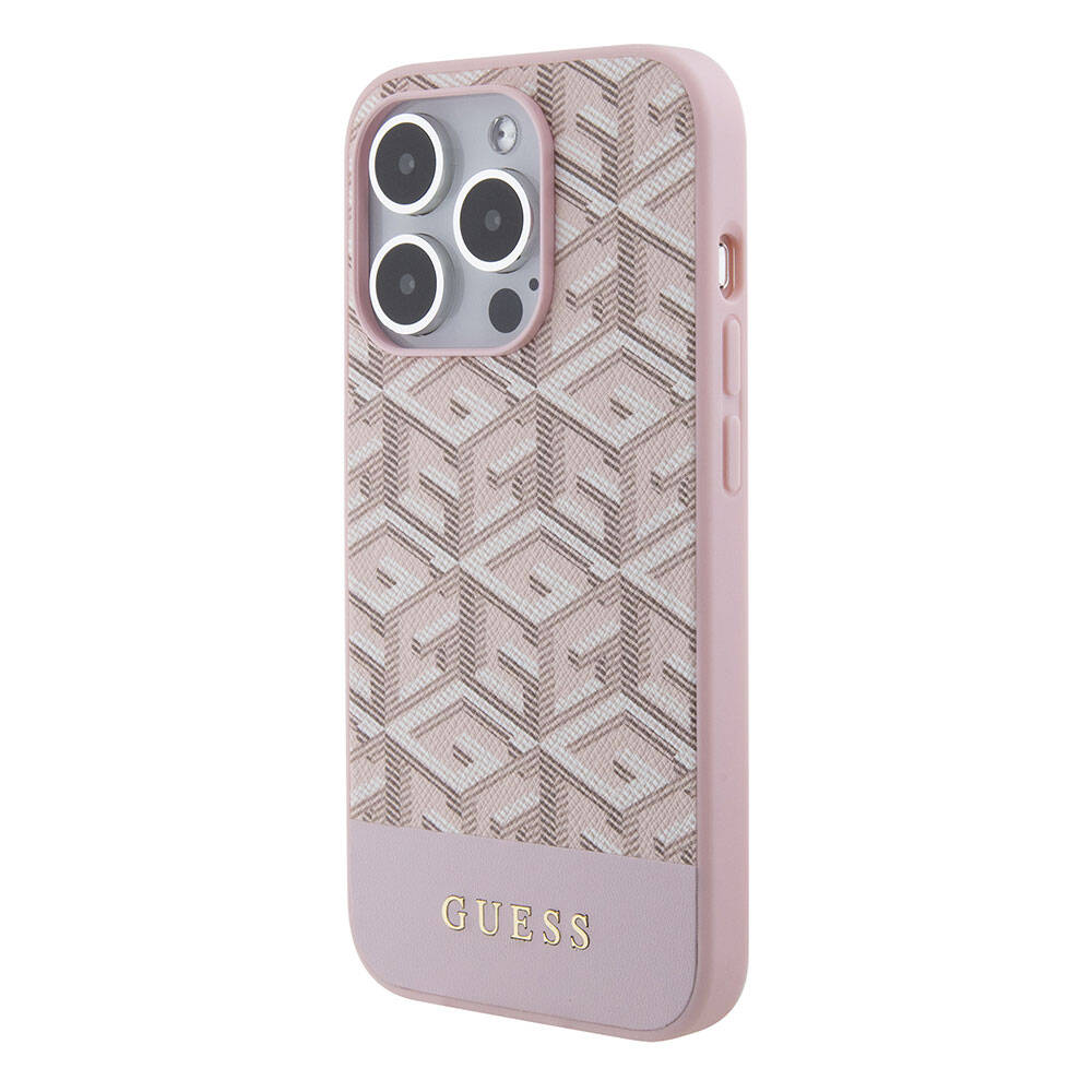 Apple iPhone 15 Pro Max Kılıf Guess Orjinal Lisanslı Magsafe Şarj Özellikli Yazı Logolu GCube Desenli Kapak Pembe