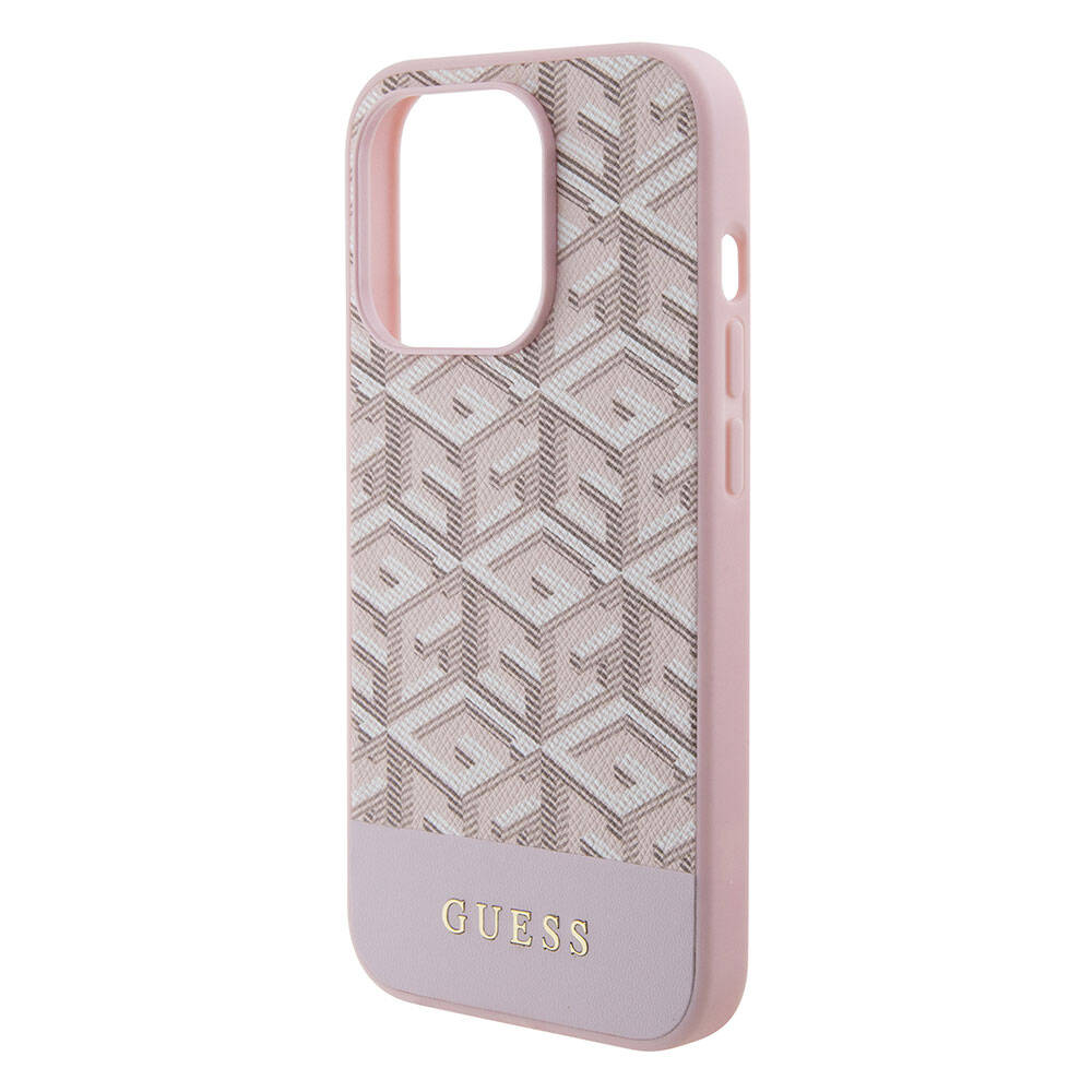 Apple iPhone 15 Pro Max Kılıf Guess Orjinal Lisanslı Magsafe Şarj Özellikli Yazı Logolu GCube Desenli Kapak Pembe