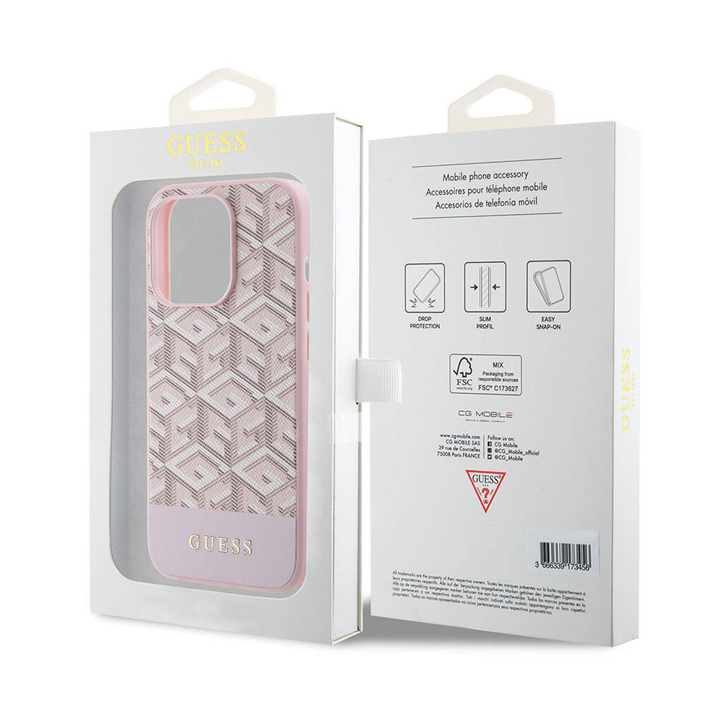 Apple iPhone 15 Pro Max Kılıf Guess Orjinal Lisanslı Magsafe Şarj Özellikli Yazı Logolu GCube Desenli Kapak Pembe