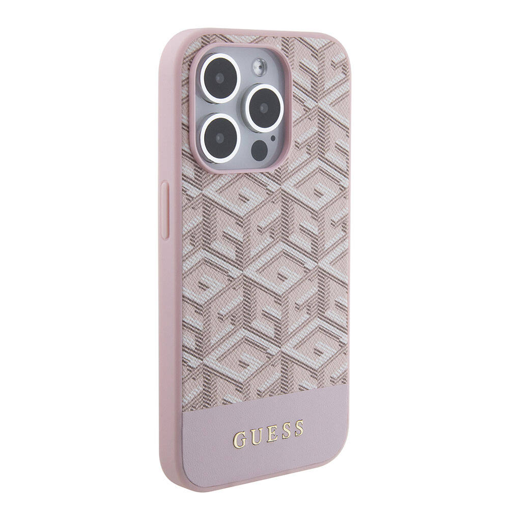 Apple iPhone 15 Pro Max Kılıf Guess Orjinal Lisanslı Magsafe Şarj Özellikli Yazı Logolu GCube Desenli Kapak Pembe