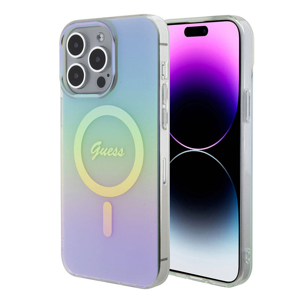 Apple iPhone 15 Pro Max Kılıf Guess Orjinal Lisanslı Magsafe Şarj Özellikli Yazı Logolu Iridescent Kapak Turkuaz