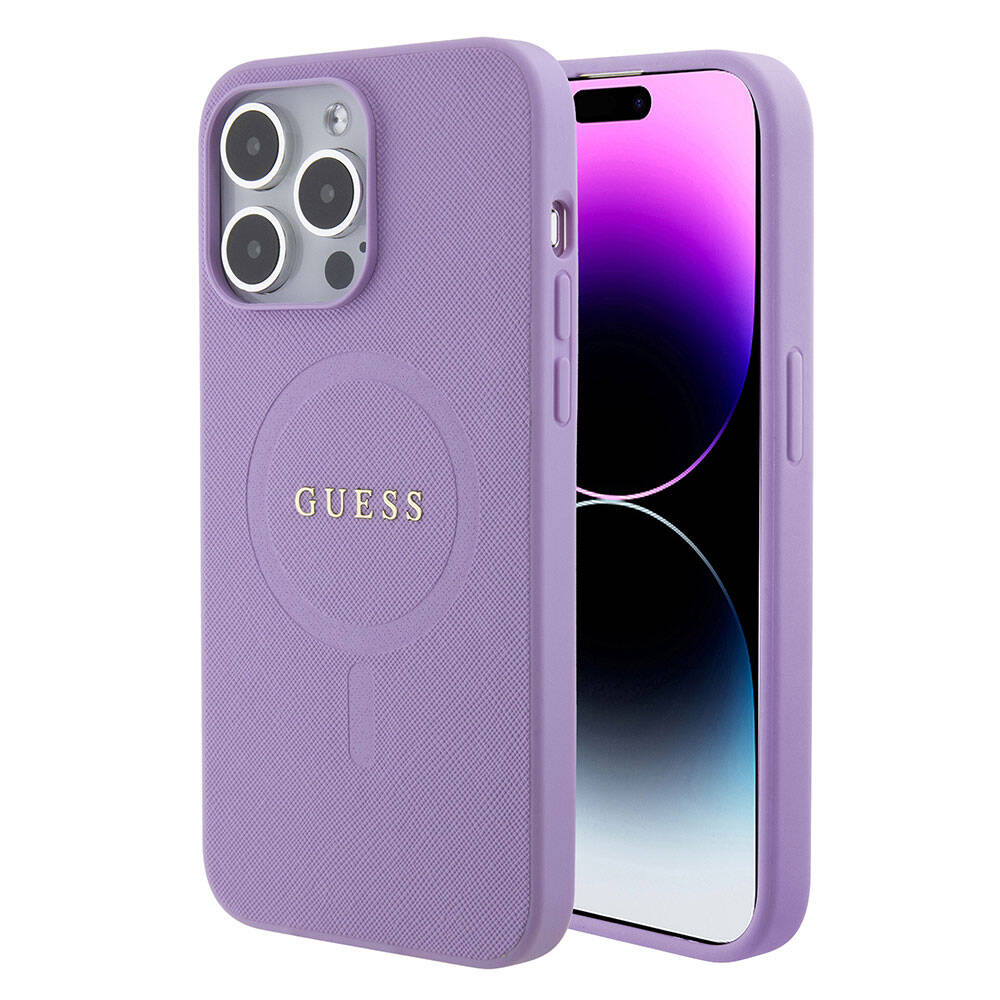 Apple iPhone 15 Pro Max Kılıf Guess Orjinal Lisanslı Magsafe Şarj Özellikli Yazı Logolu Saffiano Kapak Krem