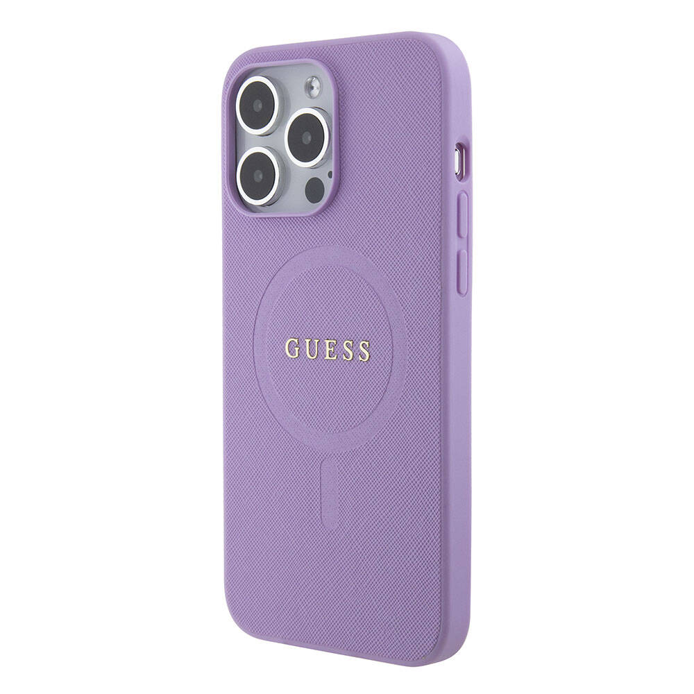Apple iPhone 15 Pro Max Kılıf Guess Orjinal Lisanslı Magsafe Şarj Özellikli Yazı Logolu Saffiano Kapak Krem
