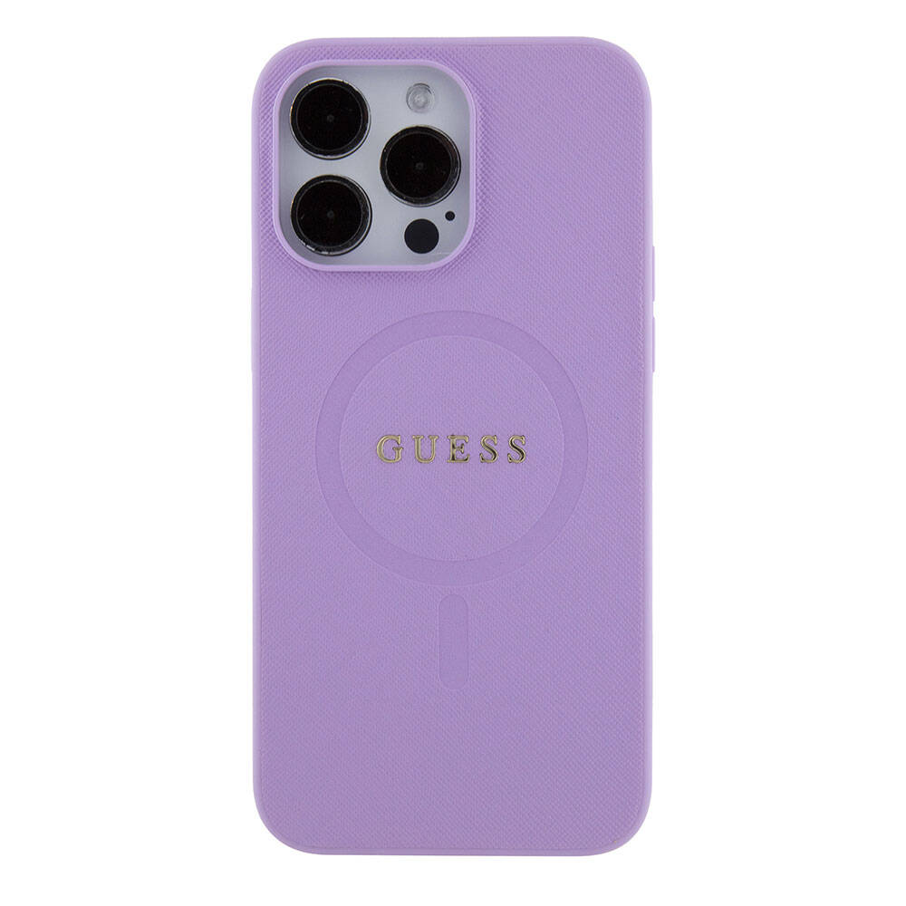 Apple iPhone 15 Pro Max Kılıf Guess Orjinal Lisanslı Magsafe Şarj Özellikli Yazı Logolu Saffiano Kapak Açık Mor