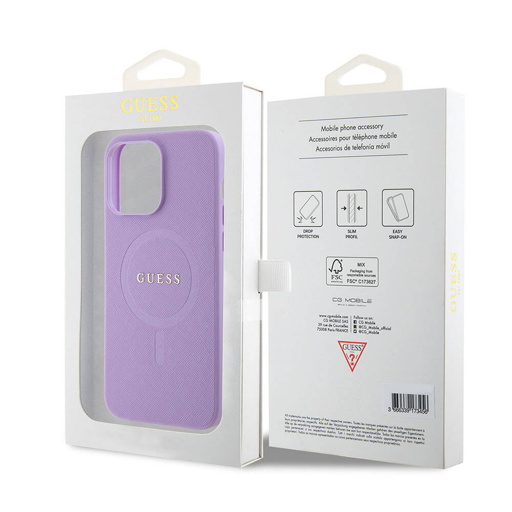 Apple iPhone 15 Pro Max Kılıf Guess Orjinal Lisanslı Magsafe Şarj Özellikli Yazı Logolu Saffiano Kapak Açık Mor