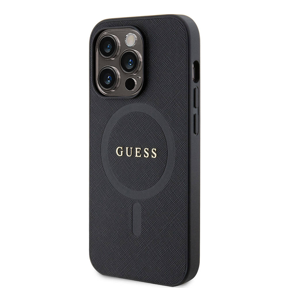 Apple iPhone 15 Pro Max Kılıf Guess Orjinal Lisanslı Magsafe Şarj Özellikli Yazı Logolu Saffiano Kapak Krem