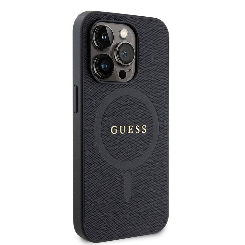Apple iPhone 15 Pro Max Kılıf Guess Orjinal Lisanslı Magsafe Şarj Özellikli Yazı Logolu Saffiano Kapak Siyah