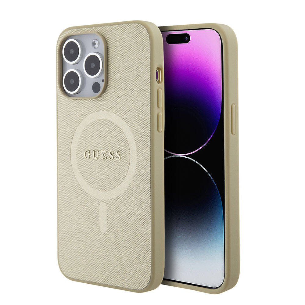 Apple iPhone 15 Pro Max Kılıf Guess Orjinal Lisanslı Magsafe Şarj Özellikli Yazı Logolu Saffiano Kapak Açık Mor