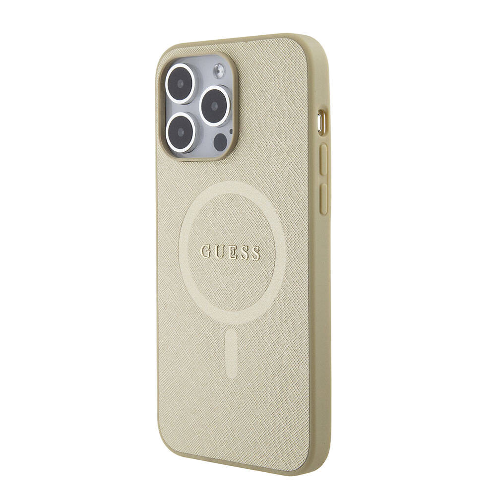 Apple iPhone 15 Pro Max Kılıf Guess Orjinal Lisanslı Magsafe Şarj Özellikli Yazı Logolu Saffiano Kapak Krem