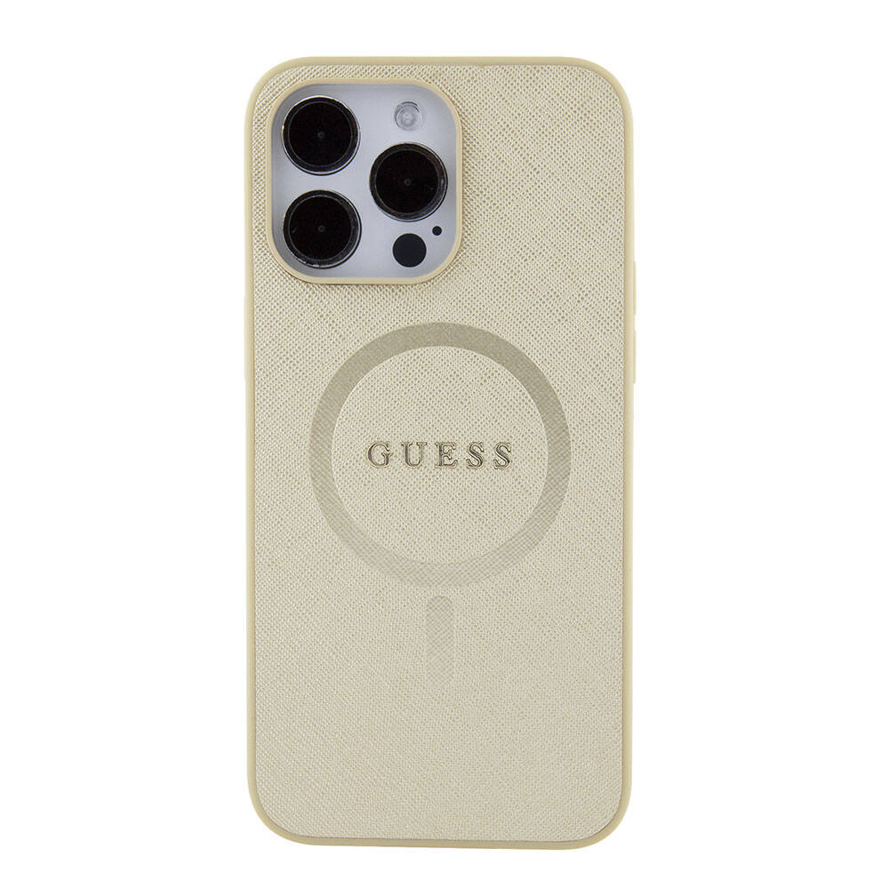 Apple iPhone 15 Pro Max Kılıf Guess Orjinal Lisanslı Magsafe Şarj Özellikli Yazı Logolu Saffiano Kapak Krem