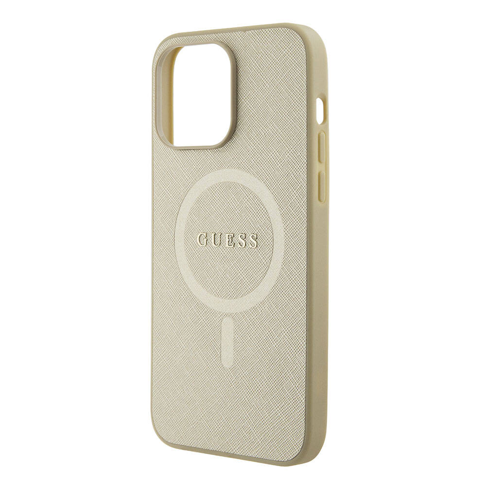 Apple iPhone 15 Pro Max Kılıf Guess Orjinal Lisanslı Magsafe Şarj Özellikli Yazı Logolu Saffiano Kapak Krem