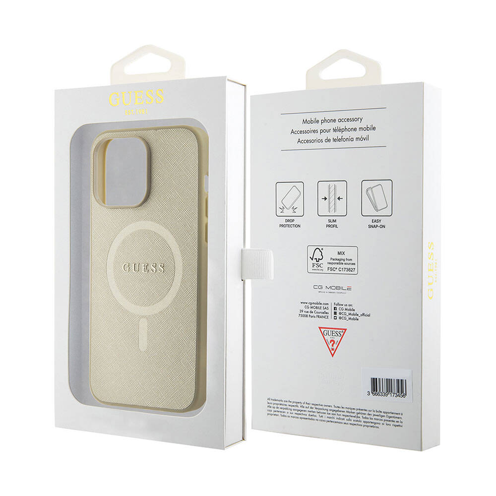 Apple iPhone 15 Pro Max Kılıf Guess Orjinal Lisanslı Magsafe Şarj Özellikli Yazı Logolu Saffiano Kapak Krem