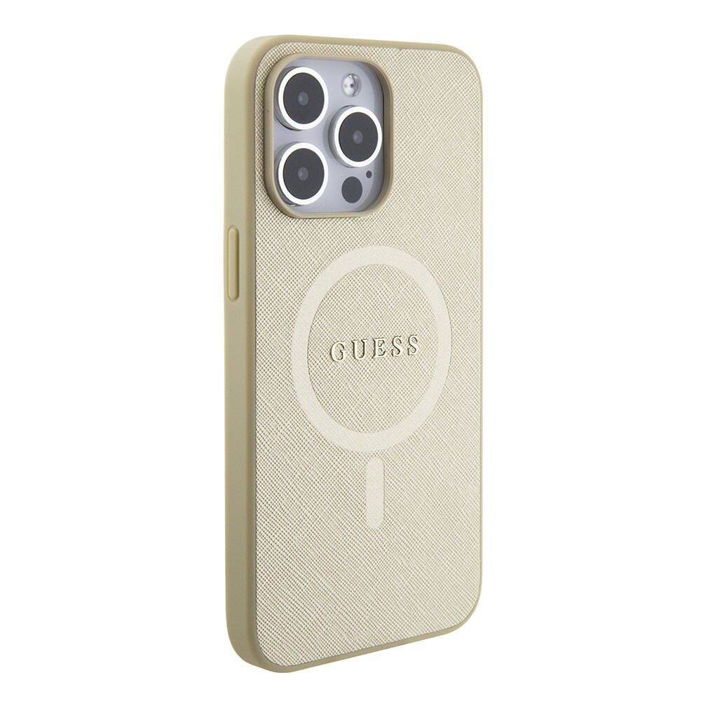 Apple iPhone 15 Pro Max Kılıf Guess Orjinal Lisanslı Magsafe Şarj Özellikli Yazı Logolu Saffiano Kapak Krem