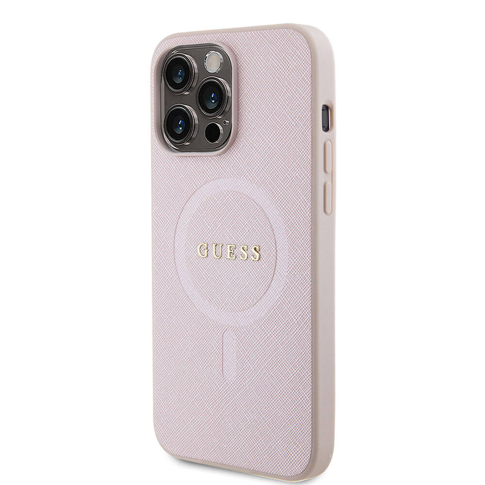 Apple iPhone 15 Pro Max Kılıf Guess Orjinal Lisanslı Magsafe Şarj Özellikli Yazı Logolu Saffiano Kapak Açık Mor