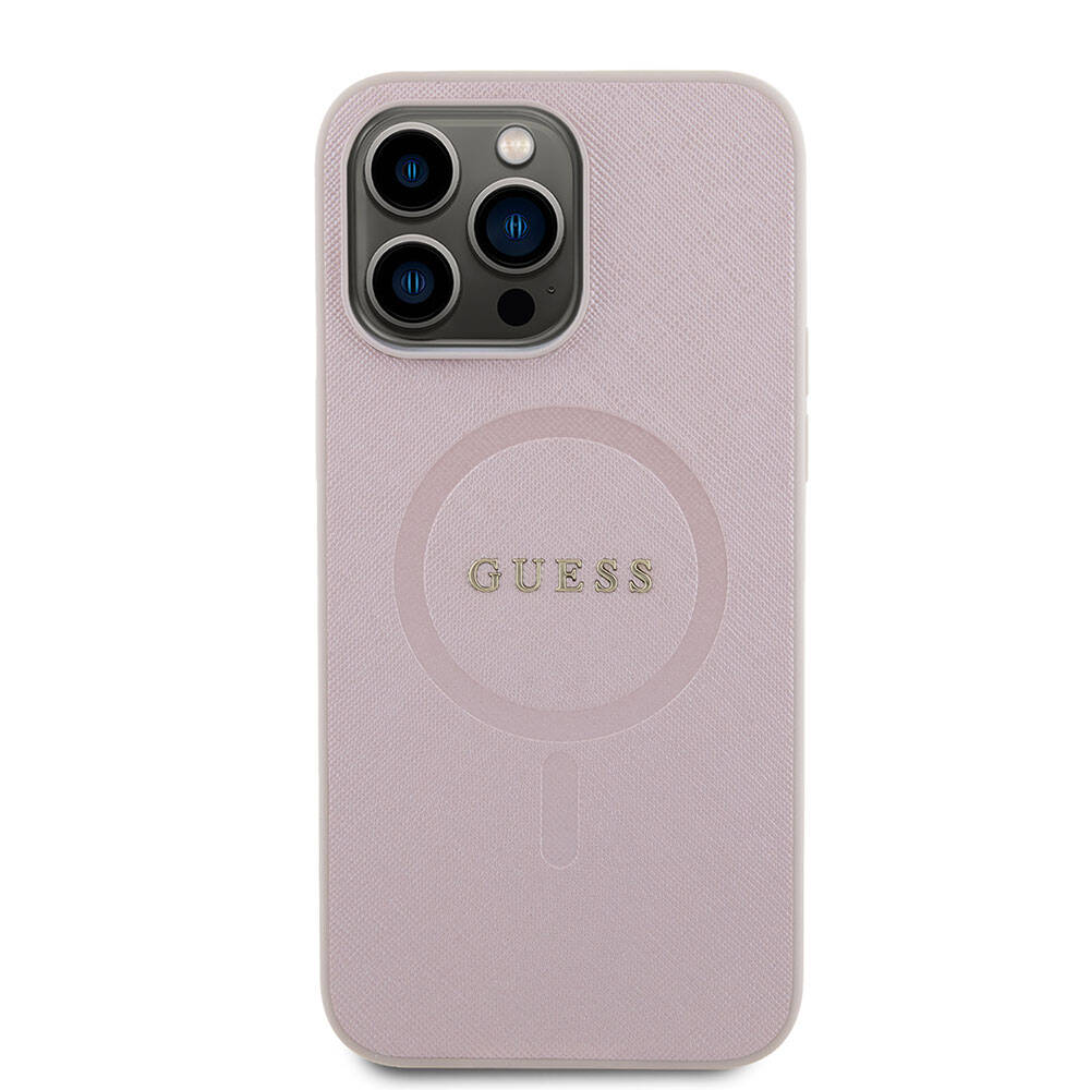 Apple iPhone 15 Pro Max Kılıf Guess Orjinal Lisanslı Magsafe Şarj Özellikli Yazı Logolu Saffiano Kapak Siyah