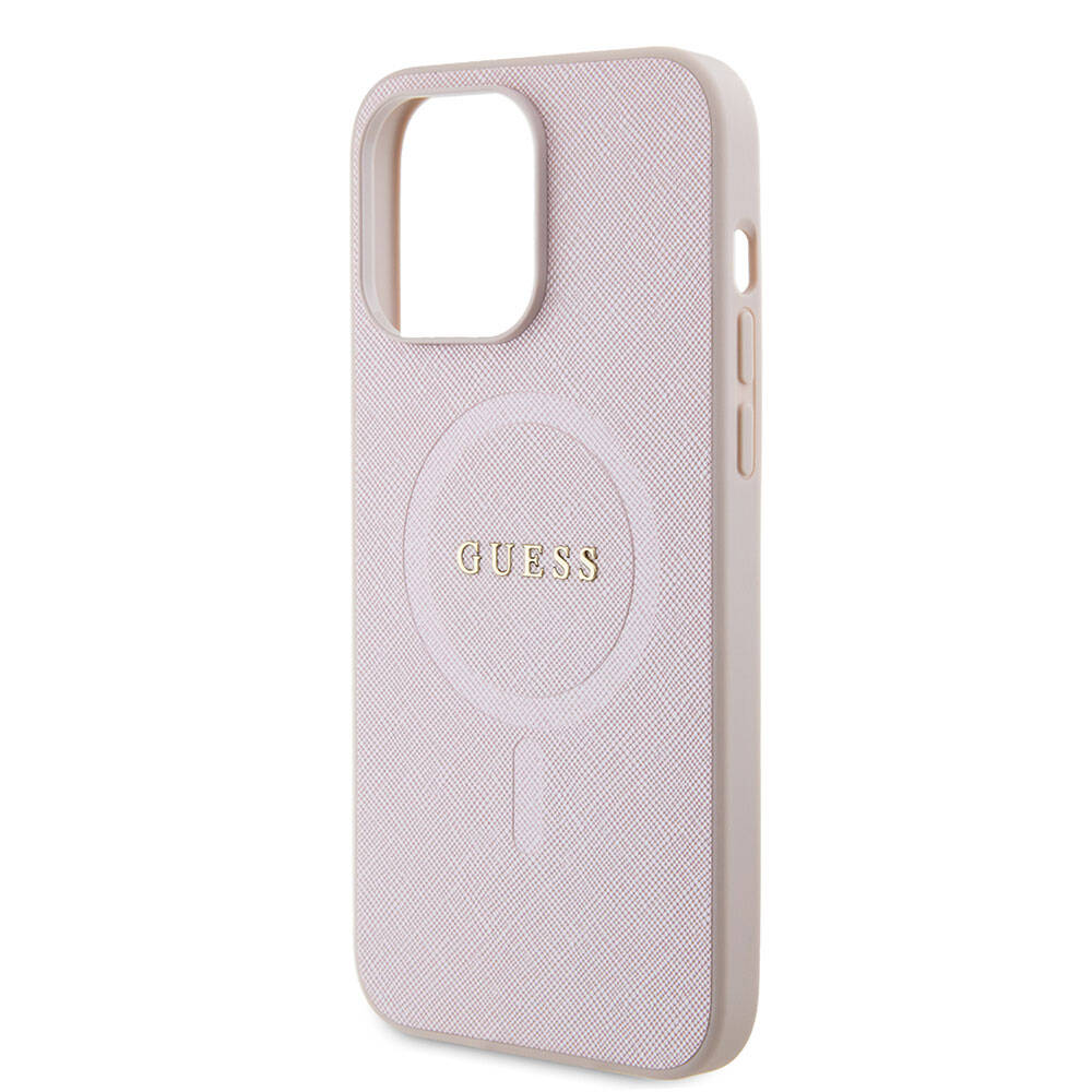 Apple iPhone 15 Pro Max Kılıf Guess Orjinal Lisanslı Magsafe Şarj Özellikli Yazı Logolu Saffiano Kapak Siyah