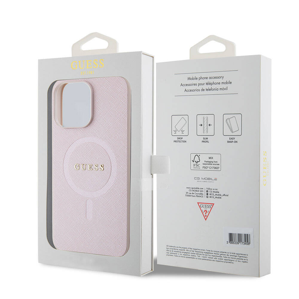 Apple iPhone 15 Pro Max Kılıf Guess Orjinal Lisanslı Magsafe Şarj Özellikli Yazı Logolu Saffiano Kapak Siyah