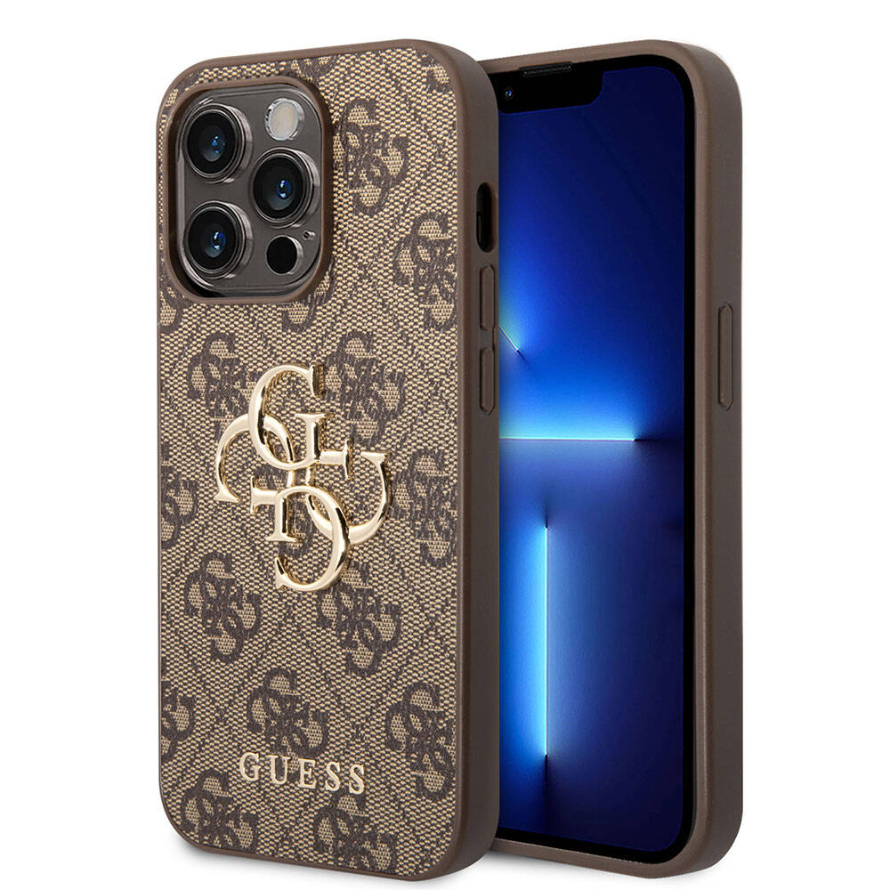 Apple iPhone 15 Pro Max Kılıf Guess Orjinal Lisanslı PU Deri Yazı ve 4G Metal Logolu Desenli Kapak Kahverengi