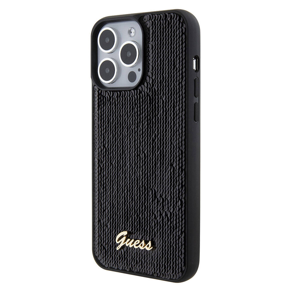 Apple iPhone 15 Pro Max Kılıf Guess Orjinal Lisanslı Pullu Arka Yüzey Metal Yazı Logolu Sequin Script Kapak Siyah