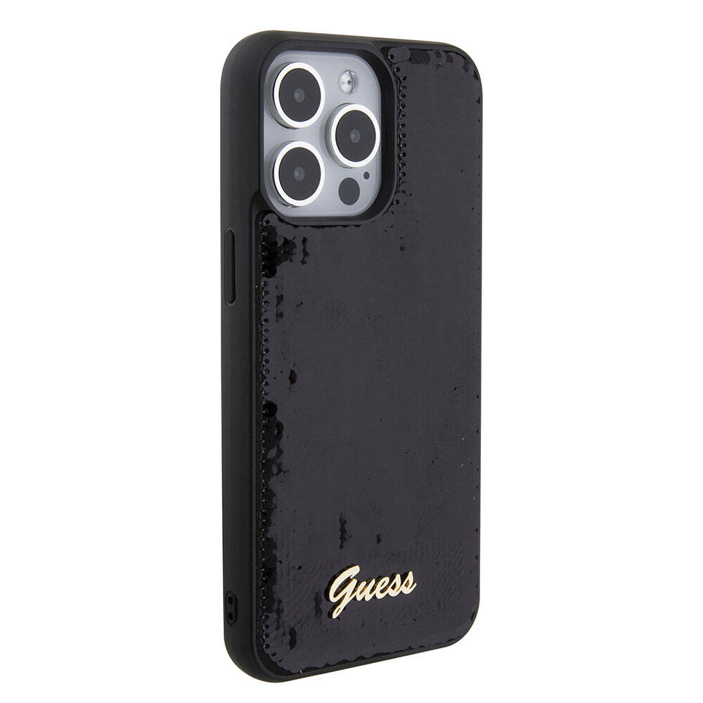 Apple iPhone 15 Pro Max Kılıf Guess Orjinal Lisanslı Pullu Arka Yüzey Metal Yazı Logolu Sequin Script Kapak Siyah