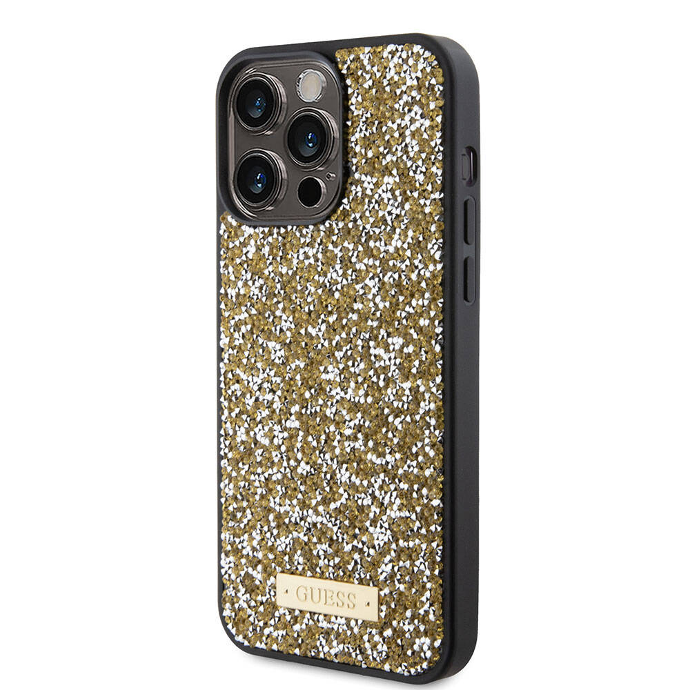 Apple iPhone 15 Pro Max Kılıf Guess Orjinal Lisanslı Taşlı Arka Yüzey Metal Yazı Logolu Kapak Gümüş