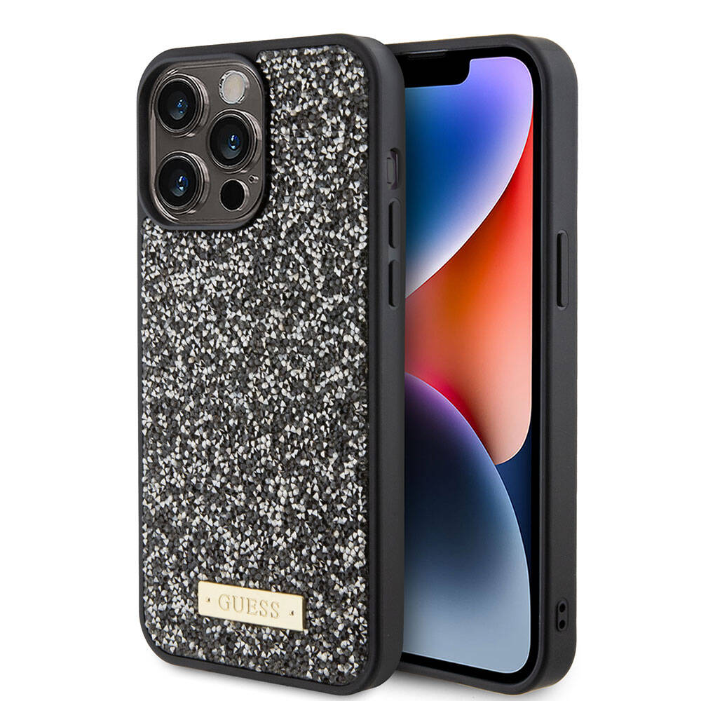Apple iPhone 15 Pro Max Kılıf Guess Orjinal Lisanslı Taşlı Arka Yüzey Metal Yazı Logolu Kapak Siyah