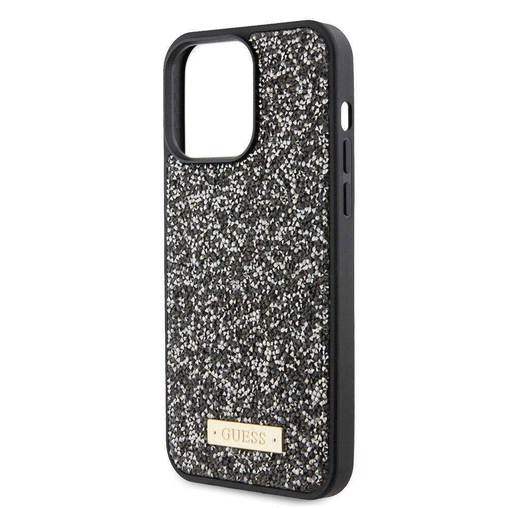 Apple iPhone 15 Pro Max Kılıf Guess Orjinal Lisanslı Taşlı Arka Yüzey Metal Yazı Logolu Kapak Gümüş