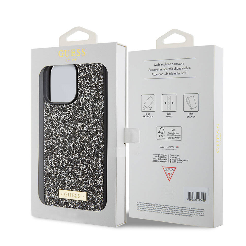 Apple iPhone 15 Pro Max Kılıf Guess Orjinal Lisanslı Taşlı Arka Yüzey Metal Yazı Logolu Kapak Siyah