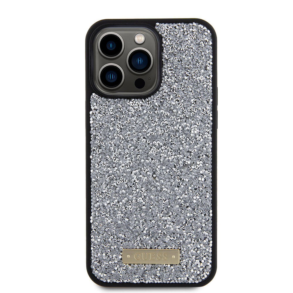 Apple iPhone 15 Pro Max Kılıf Guess Orjinal Lisanslı Taşlı Arka Yüzey Metal Yazı Logolu Kapak Siyah