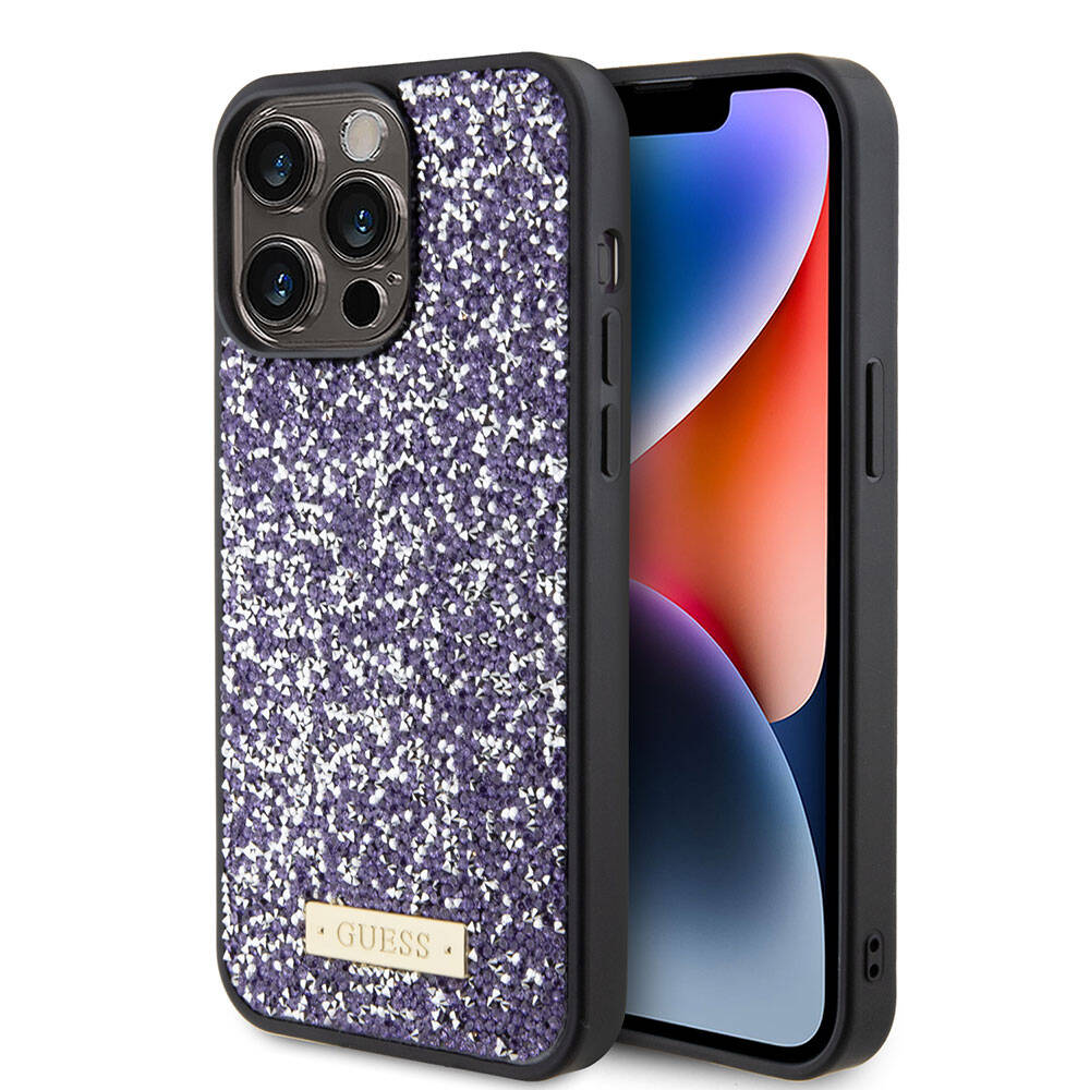 Apple iPhone 15 Pro Max Kılıf Guess Orjinal Lisanslı Taşlı Arka Yüzey Metal Yazı Logolu Kapak Gümüş