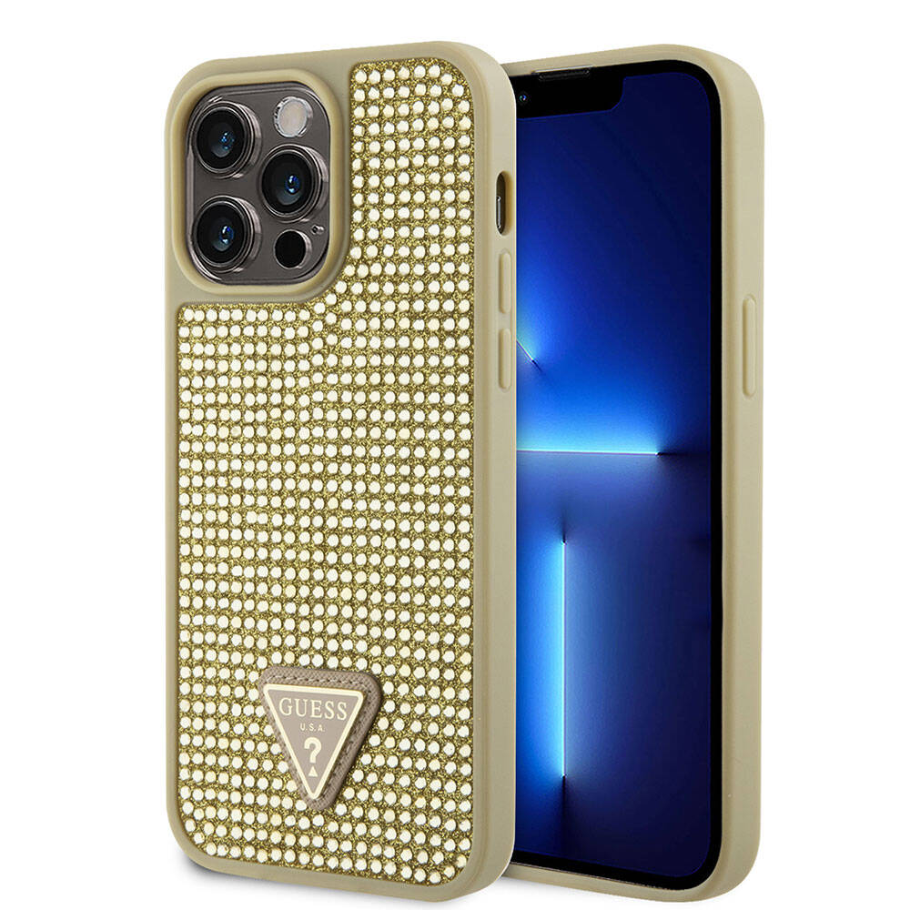 Apple iPhone 15 Pro Max Kılıf Guess Orjinal Lisanslı Taşlı Arka Yüzey Üçgen Logolu Kapak Siyah