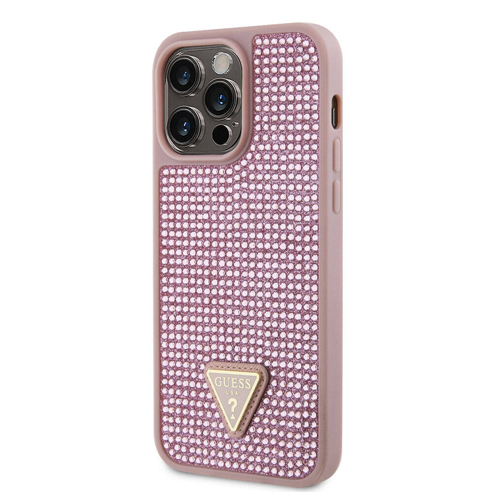 Apple iPhone 15 Pro Max Kılıf Guess Orjinal Lisanslı Taşlı Arka Yüzey Üçgen Logolu Kapak Siyah