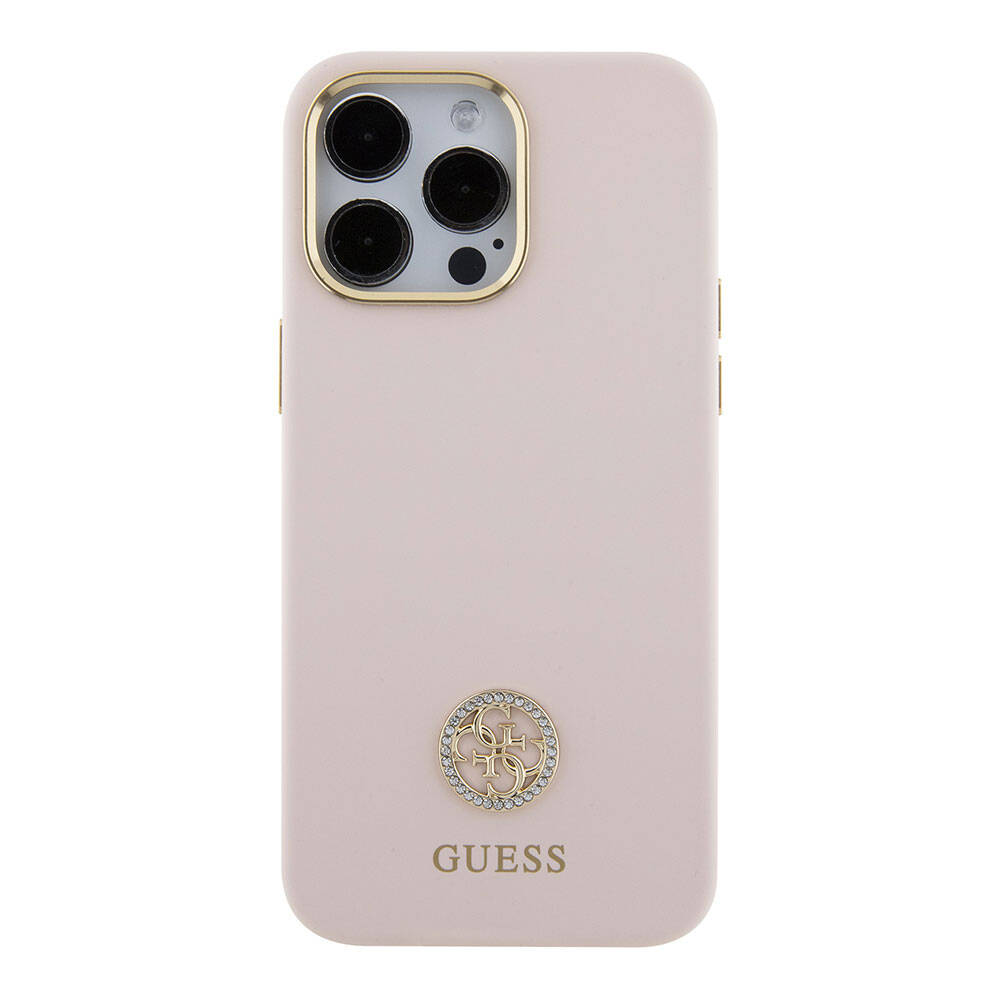 Apple iPhone 15 Pro Max Kılıf Guess Orjinal Lisanslı Yazı ve Taşlı 4G Logolu Metal Kamera Çerçeveli Silikon Kapak Pembe